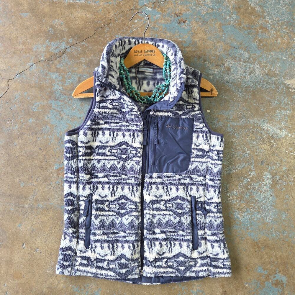 Columbia Womens West Bend Vest Size XS Blue White Print Fleece Zip Up Pocket